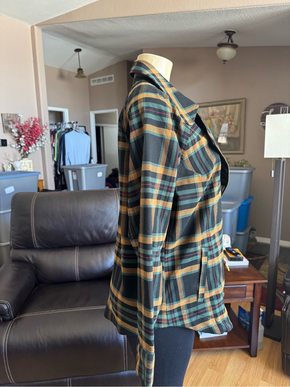 CAbi Plaid Jean Jacket in Green, Yellow, Black & Tan - Picture 3 of 11